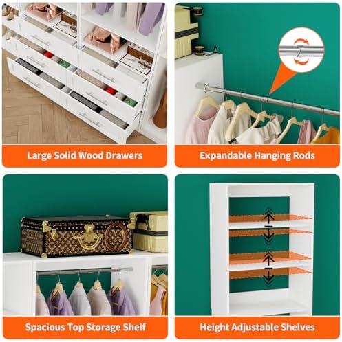 Closet System Set of 4, 8-21FT Closet System with 6 Drawers, 8 Shelves & 8 Hanging Rods, Custom Walk in Closet Organizer System Adjustable, Max 252“ Modular Closet Storage System Wood, White