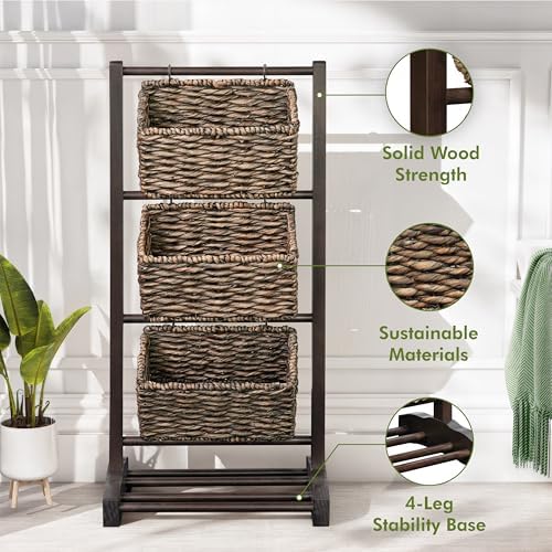 HOMESTEAD 3-Tier Wooden Shelf with Water Hyacinth Woven Baskets – Rattan Shelf Basket, Boho Room Decor, Wooden Book Shelf, Bathroom Storage Shelves, Kitchen, Laundry, Living Room (Dark Brown)