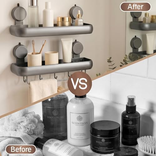 Shower Caddy Suction Cup, 2 Pack Gray No Drilling Corner Shower Shelves, Detachable and Reusable Bathroom Organizer with Removable Hooks & Towel Bar