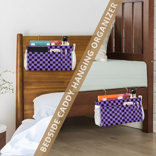 Checkerboard Black Purple Plaid Print Bedside Caddy Storage Bag Bedside Organizer for Bunk Bed Headboards College Organizer Caddy Hanging Shelf 6 Pockets with Hooks for Drinks Magazine Phone Holder