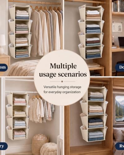 Mifoci Canvas 4-Shelf Canvas Hanging Closet Organizer and Storage for Shelves with 2 Sturdy Hooks and 12 Small Side Pockets, 70.87 x 31.5 x 8.66 Inches, for Closet Bedroom Dorm Rv Sweater Storage