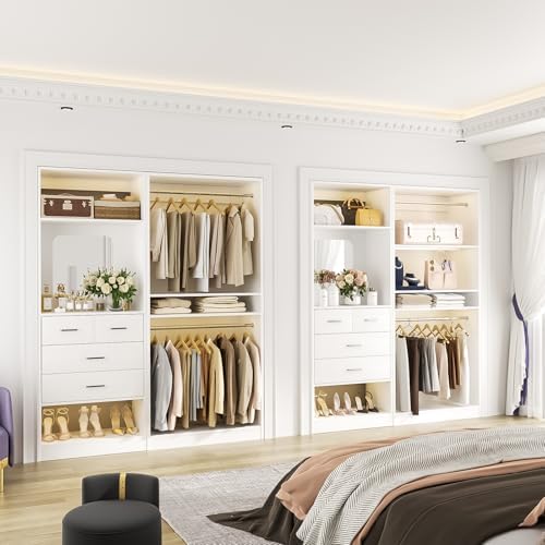 Unikito 61" Closet System, Heavy Duty Wood Closet Organizer with 2 Hanging Rods, Walk-in Wardrobe Garment Rack with Adjustable Shelves, Free-standing Clothing Rack, White