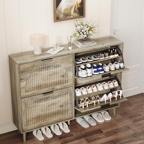 Shoe Storage Cabinet with 4 Flip Drawers, Narrow Wood Shoe Organizer Cabinet with Fluted Panel, Slim Shoe Rack for Entryway, Freestanding Shoe Cabinet for Living Room, Hallway, Grey