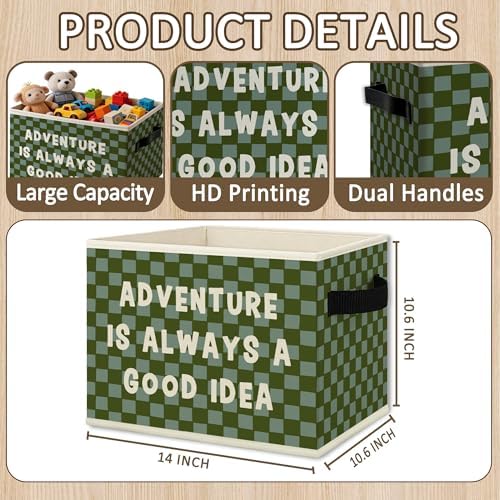 Adventure Classroom Nursery Cube Storage Bins with Handles, Green Checkered Kids Playroom Collapsible Fabric Storage Basket Boxes Toys Books Clothes Organizer for Kids Boys Bedroom Bathroom