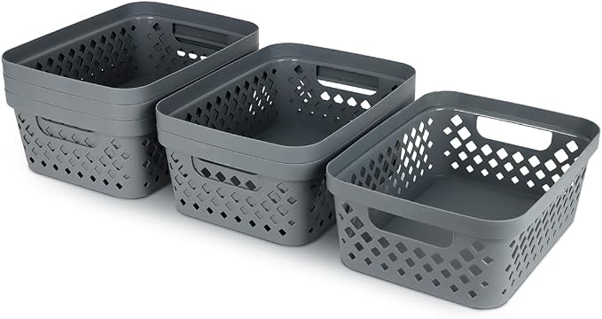 Glad Plastic Storage Basket Set, Value Pack of 6 | Open Storage Bins for Shelves, Bathroom, Pantry, Closet | Nesting Organizer Boxes with Handles, 2 Gallon, Grey