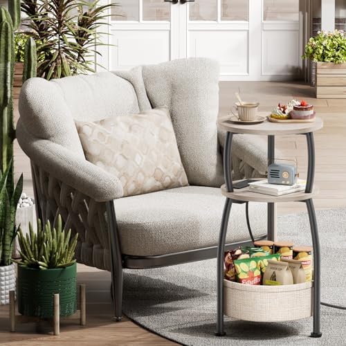 Side Table with Charging Station, Small Round End Table with Basket | Sofa Table with USB Port and Outlet, 3 Tiers Accent Bedside Table for Bedroom, Living Room , Small Spaces, 11.81in Greige