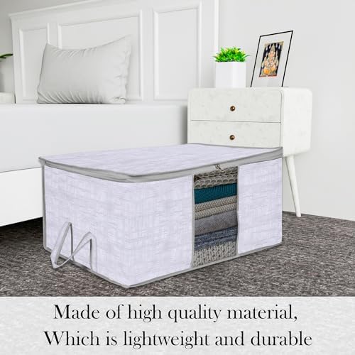 Kuber Industries Pack of 3 Non Woven Underbed Storage Organizer | Storage Bags For Clothes, Blanket | Clothes Storage Bag For with Handle & Visible Window | Jute Printed - Grey