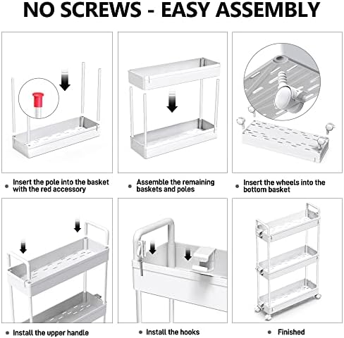SOLEJAZZ Slim Rolling Storage Cart Skinny Bathroom Organizer, 3 Tier, White