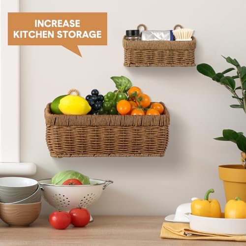 Tioncy 2 Pcs Woven Hanging Wall Baskets for Storage with 4 Hooks | Hanging Wicker Basket for Kitchen Garden Bathroom, Woven Style with 4 Hooks, Wall Mount Organizers, Boho Decor Lightweight