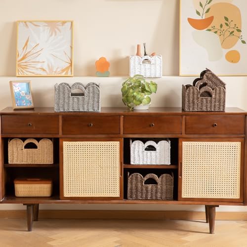 OIAHOMY Scalloped Wicker Baskets, Hand-woven Storage Baskets with Built-in Handles, Paper Rope Shelf Baskets for Organizing and Decoration, Set of 3-Grey