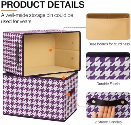 6 Pack Large Collapsible Storage Baskets for Shelves,14.9"x9.5" Fabric Closet storage Boxes with Leather Handles,Decorative Organizers Storage Bins for Clothes,Sheets,Books,(Purple Houndstooth