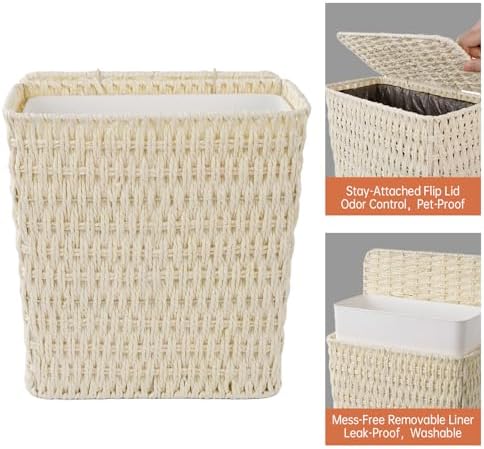 Coeusy 3 Gallon Paper Rope Bathroom Trash Can,Small Wicker Trash Cans with Lid and Liner,Woven Rattan Narrow Waste Basket for Bedroom,Office,White