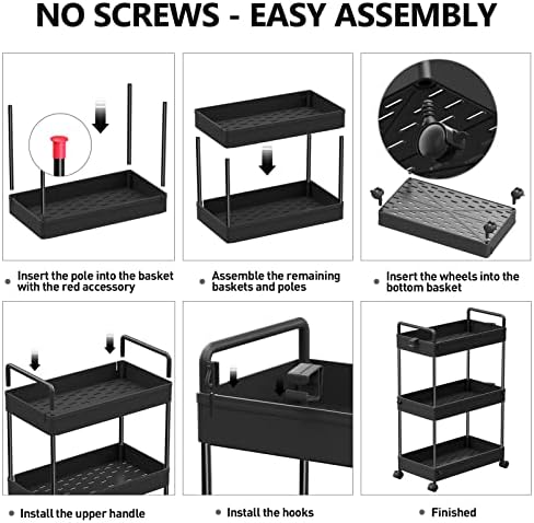 SOLEJAZZ 3 Tier Slim Rolling Storage Cart Organizer with Wheels, Black
