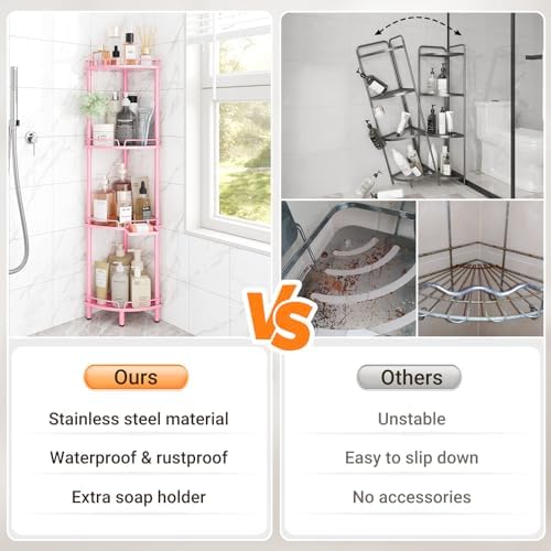 ELYKEN Corner Shower Caddy Standing, 4 Tier Metal Shower Organizer, Pink | Stainless Steel Shower Shelves with Soap Holder, Adjustable Feet & 2 Hooks for Storing Bath Essentials in Bathroom corner