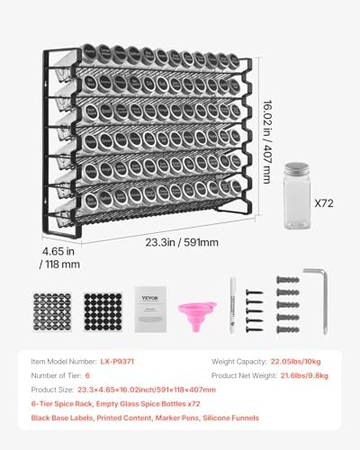 VEVOR Spice Rack Organizer for Cabinet, Spice Organizer with 72 Empty Spice Jars, Lids, Spice Labels, and Funnel Complete Set, Seasoning Organizer for Countertop, Kitchen, Pantry, Cupboard, 23x16 in
