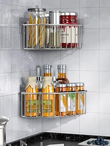 SMARTAKE 2-Pack Corner Shower Caddy Deep Basket, SUS304 Stainless Steel | Wall Mounted Bathroom Shelf with Adhesive, Storage Organizer for Toilet, Dorm and Kitchen , Silver