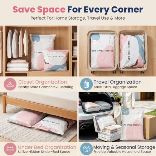 5PCS No Pump Vacuum Storage Bags, No Pump Large Vacuum Storage Compression Bags, Thick Airtight Reusable Organizer for Clothes Comforters Travel Moving Closet Storage (M)