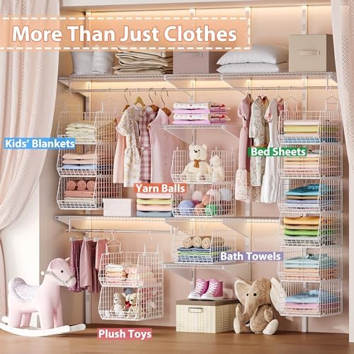 6 Tier Extended Depth Hanging Closet Organizer, Closet Storage Hanging Shelves with Hanging Hooks for Clothes Sweaters Towels Handbags, Stackable Metal Mesh Bins For Closet, Laundry, Bathroom, Dorm
