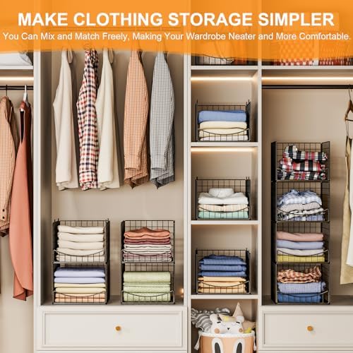 Hongtamoya 4-Tier Stackable Closet Organizers and Storage Shelves, Clothes Storage Basket, Clothes Shelf Organizer Sweater Organizer Bins Container for Wardrobe Kitchen Bathroom Office, Black