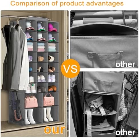 Hanging Shoe Organizer for Closet, Closet Hanging Shoe Storage Rack Holder Shelves,Collapsible Shoe Closet Organizers and Storage with 4 Large Side Pockets,25 Sections for Shoes,Hats,Clothes(Gray)