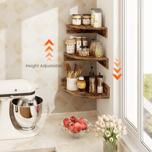 Homode Corner Shelf Wall Mount, Set of 3 Floating Corner Shelves with Cord Hole, 3 Tier Wood Wall Display Shelf, Storage for Bathroom Living Room Kitchen Bedroom, Rustic Brown and Black