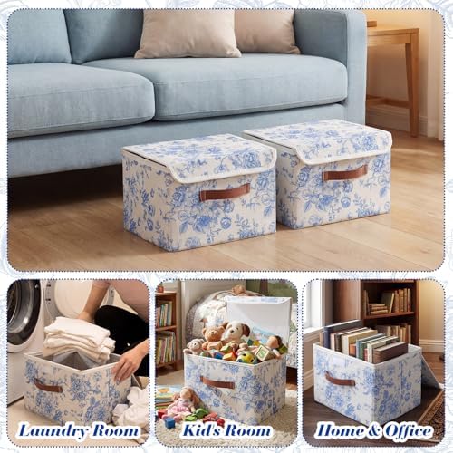 2 Pack Blue Floral Storage Bin with Lids, 10x8x7 Inch