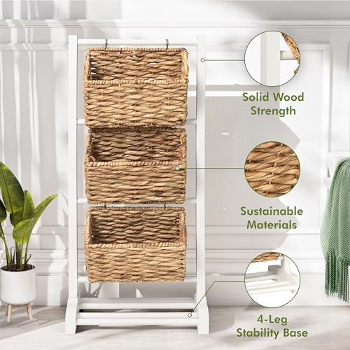 HOMESTEAD 3-Tier Wooden Shelf with Water Hyacinth Woven Baskets – Rattan Shelf Basket, Boho Room Decor, Wooden Book Shelf, Bathroom Storage Shelves, Kitchen, Laundry, Living Room