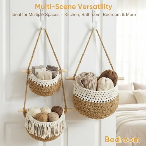 Macrame 3-Tier Hanging Wall Basket, Handwoven Jute Storage Organizer, Boho Decor for Kitchen, Bathroom, Living Room, Natural Cotton Rope Fruit Holder (Dark Gray)