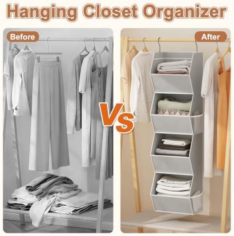 Wawocs 4 Shelf Hanging Closet Organizers and Storage for Kids 2 Packs, Grey | Hanging Shelves for Closet Organization, Hanging Closet Storage for Wardrobe Organizer, Closet Hanging Organizer for Bedroom