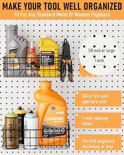 INCLY 4 Pack Pegboard Baskets Bins Set, Black Metal Pegboard Accessories | 4 Size Square Style, Metal Wire Basket, For Any Peg Board Organizing Tools, Workbench Garage Wall Storage