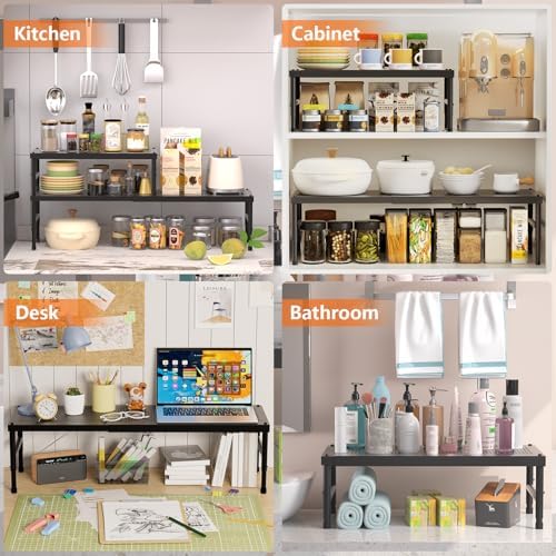2 Pack Expandable adjustable stackable kitchen cabinet organizer,spice rack | Counter Shelf for Cabinets,Small Cupboard Organizers,Heavy Duty Metal Pantry Storage Shelves Racks for kitchen,bathroom