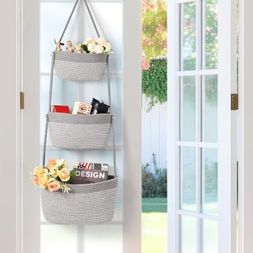 Hanging Basket, 3-Tier Woven Wall Basket with 4 Hooks, Cotton Rope Storage Baskets, Over the Door Organizer for Nursery, Bedroom, Cottage and Boho Wall Decor