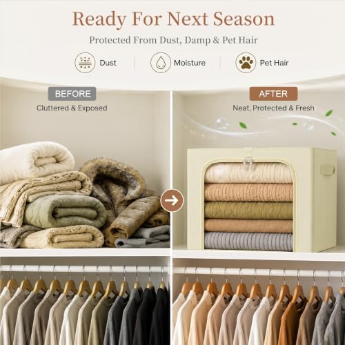 GoMaihe Clothes Storage Bins with Metal Frame for Closet, 40L 4-Pack Beige
