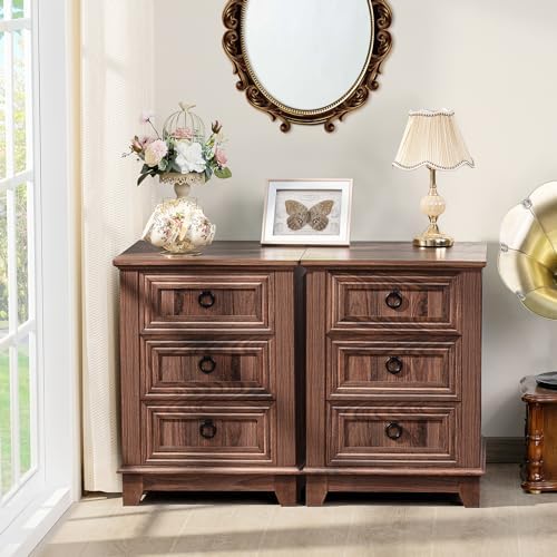 Joaxswe Farmhouse Nightstand Set 2, 18'' End Table | Sofa Bed Side Table with 3 Drawers, Brown Night Stand Cabinet for Organizer Bedroom Living Room
