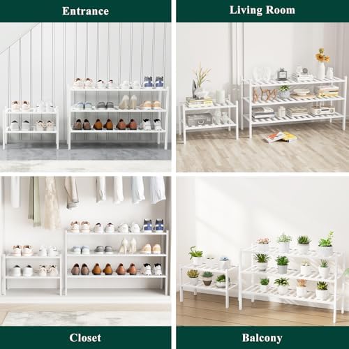 Smiry Bamboo Shoe Rack, 16 Vertical Slats, 3 Tier - 33.7" Wide, White