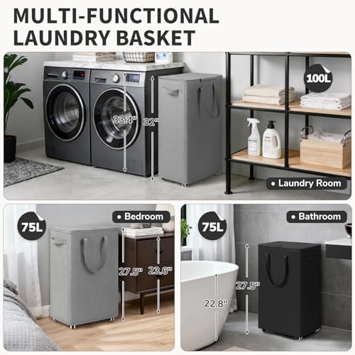 Goodpick 100L Large Rolling Laundry Basket with Wheels and Lid, Gray | 17.2" × 13.2" × 32" Collapsible Laundry Hamper for Clothes & Blanket, Bedroom & Bathroom Organization, Removable Wash Bag