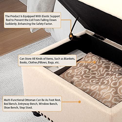 CangLong 24 Inch Tufted Lift Top Storage Ottoman Bench, Linen Foot Rest Stool with Foam Padded Seat, End of Bed Bench & Shoe Bench for Bedroom Living Room Entryway, Easy Assembly, Beige