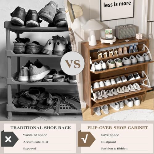 Fsbecl Shoe Storage Cabinet for Entryway with 2 Fluted Flip Drawers, Walnut
