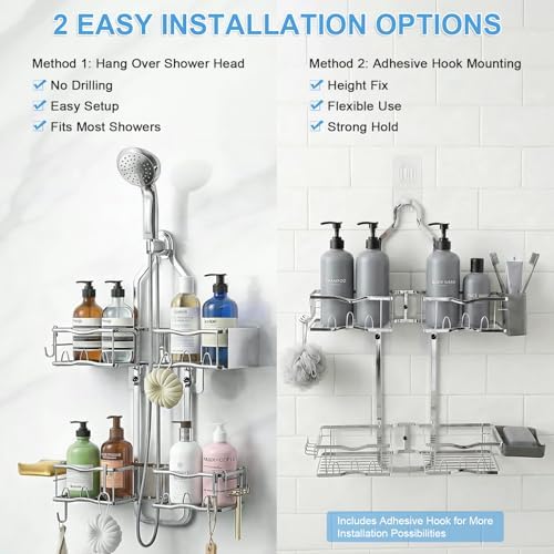 Shower Caddy Hanging Organizer Over Showerhead with Hooks, Silver