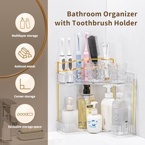 Makeup Organizer 2-Tier Bathroom Counter Organizer with Makeup Brush Holder | Corner Bathroom Organizer Countertop, Acrylic Counter Storage for Bathroom Dresser, Skincare Perfume Organizer-Clear