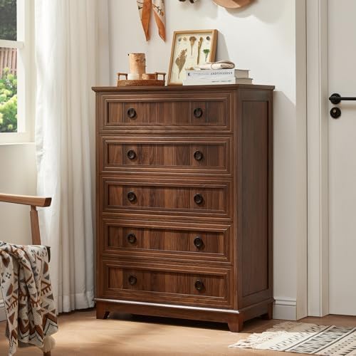 Joaxswe Farmhouse 5 Drawer Dresser for Bedroom Set of 2, 42.5" Tall Small Dressers & Chest of Drawers, Rustic Wood Dresser with Metal Handle, Storage Organizer Closet for Living Room, Hallway,Entryway | Chest of Drawers, Rustic Wood Dresser with Metal ...