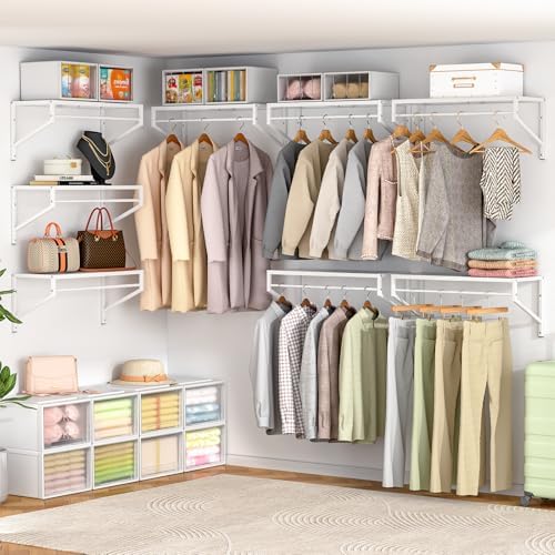 ThreeHio Expandable Closet Shelves Wall Mounted, 3 Pack Closet Shelving with Hanging Rods, Wall Shelving for Walk-in Closet, Hanging Shelves Organizer and Storage for Closet, Laundry