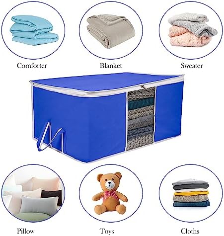 Kuber Industries 3 Piece Under Bed Foldable Organizer|Clothing Storage Bags|Blanket, Quilt, Comforter Cover (Blue)