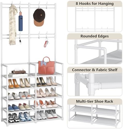 Laiensia 5-Tier Entryway Coat Rack, Coat and Shoe Rack, Entryway Bench Storage Organizer with 8 Hooks for Bedroom, Hallway, Office, White