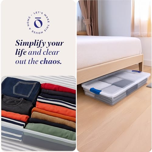 HOMZ Under Bed Clear Plastic Storage Bin w/Lid, 60 Qt, Blue Latch, 2 Pack