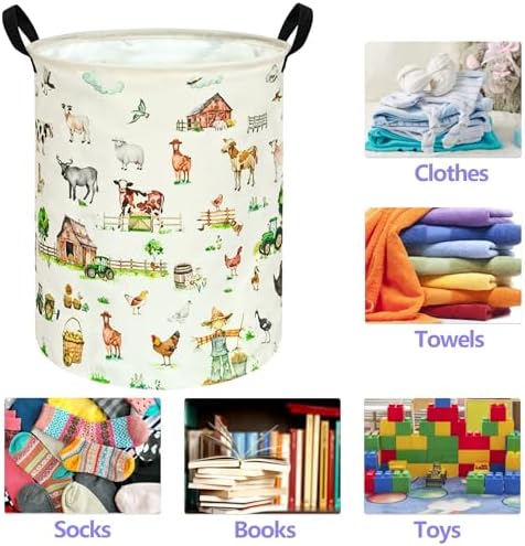 Collapsible Kids Laundry Basket Clothes Hamper, Foldable Storage Organizer Bin, Toy Clothes Storage with Handles for Boys Girls Bedroom, Room Decor Farm