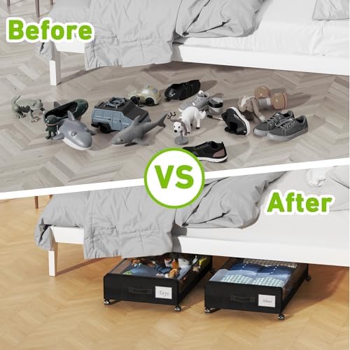 Under Bed Storage with Wheels, 2 Pack Under bed Storage Containers with Clear Lids & Zippers, Under Bed Shoe Storage Organizer, Rolling Underbed Storage for Clothes, Shoes, Blankets (Grey)