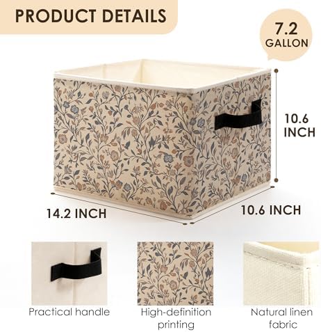 Vintage Rustic Floral Storage Bins Box with Handles, Rustic Cottagecore Wildflower Botanical Foldable Basket Toybox for Bedroom Bathroom Laundry Room Home Clothes Toys Books