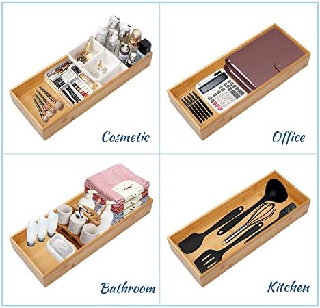 PRATIQUE Bamboo Drawer Organizer - Kitchen Utensil Organizer Silverware Tray Cutlery Holder,Office Desk Supplies and Accessories (12x3x2.6 inch)