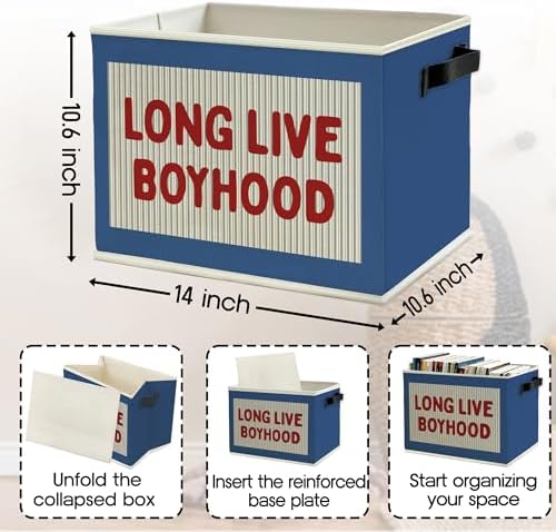 Red Long Live Boyhood Boys Storage Bins Box with Handles, Blue Pattern Collapsible Basket Organizer for Kids Boy Nursery Room Bedroom Bathroom Playroom Books Clothes